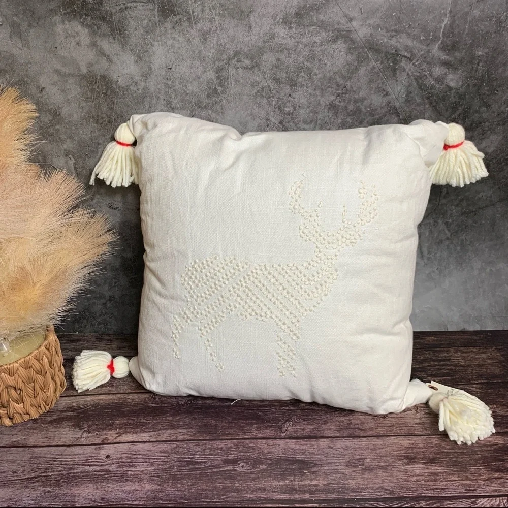 Hearth & Hand ~ Embroidered Deer Pillow with Tassels and Red Accent